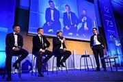 6 May 2025; Eoin O’Malley, Paul O’Donoghue and Seán O’Brien are interviewed by MC Joe Molloy during the Leinster Rugby awards ball 2025 at O'Reilly Hall in UCD, Dublin. Photo by Brendan Moran/Sportsfile