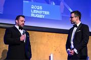 6 May 2025; Cian Healy is interviewed by MC Joe Molloy during the Leinster Rugby awards ball 2025 at O'Reilly Hall in UCD, Dublin. Photo by Brendan Moran/Sportsfile