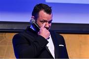 6 May 2025; An emotional Cian Healy is interviewed during the Leinster Rugby awards ball 2025 at O'Reilly Hall in UCD, Dublin. Photo by Brendan Moran/Sportsfile