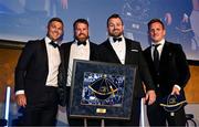 6 May 2025; Cian Healy, second from right, with Eoin O’Malley, Seán O’Brien and Paul O’Donoghue during the Leinster Rugby awards ball 2025 at O'Reilly Hall in UCD, Dublin. Photo by Brendan Moran/Sportsfile