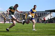4 May 2025; Seán O'Shea of Kerry in action against Manus Doherty of Clare during the Munster GAA Football Senior Championship final match between Kerry and Clare at Fitzgerald Stadium in Killarney, Kerry. Photo by Piaras Ó Mídheach/Sportsfile