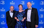 6 May 2025; Pat Fitzgerald, Longford Rugby Club president Karen Lennon and Derek Turner during the Leinster Rugby awards ball 2025 at O'Reilly Hall in UCD, Dublin. Photo by Brendan Moran/Sportsfile