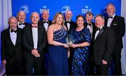 6 May 2025; Longford Rugby club members after being named Rhino Junior Club of the Year, from left, Pat Fitzgerald, Derek Turner, Derek Carthy, past president Tony Headen, Pauline Marlowe, chairperson Mike McGann, president Karen Lennon, trustee Warren Turner, referee co-ordinator Trevor McHugh, vice president Mark Quinn during the Leinster Rugby awards ball 2025 at O'Reilly Hall in UCD, Dublin. Photo by Brendan Moran/Sportsfile