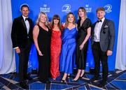 6 May 2025; Bank of Ireland Guests, from left, David Gee, Osna O'Connor, Sharon Woods, Abi England, Michelle Morrisroe and Dominik Morycki during the Leinster Rugby awards ball 2025 at O'Reilly Hall in UCD, Dublin. Photo by Brendan Moran/Sportsfile