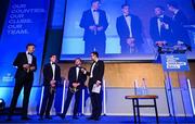 6 May 2025; Departing players, from left, Jordie Barrett, Rob Russell and Liam Turner are interviewed by MC Joe Molloy during the Leinster Rugby awards ball 2025 at O'Reilly Hall in UCD, Dublin. Photo by Brendan Moran/Sportsfile