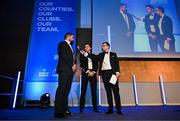 6 May 2025; Departing players Rory McGuire, left, and Aitzol King are interviewed by MC Joe Molloy during the Leinster Rugby awards ball 2025 at O'Reilly Hall in UCD, Dublin. Photo by Brendan Moran/Sportsfile