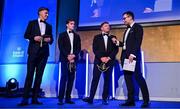 6 May 2025; Departing players, from left, Jordie Barrett, Rob Russell and Liam Turner are interviewed by MC Joe Molloy during the Leinster Rugby awards ball 2025 at O'Reilly Hall in UCD, Dublin. Photo by Brendan Moran/Sportsfile
