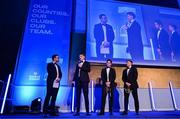 6 May 2025; Departing players, from 2nd left, Jordie Barrett, Rob Russell and Liam Turner are interviewed by MC Joe Molloy during the Leinster Rugby awards ball 2025 at O'Reilly Hall in UCD, Dublin. Photo by Brendan Moran/Sportsfile