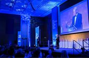 6 May 2025; Leinster Rugby president Declan Gardiner speaks during the Leinster Rugby awards ball 2025 at O'Reilly Hall in UCD, Dublin. Photo by Brendan Moran/Sportsfile