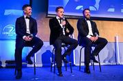 6 May 2025; Former Leinster players Eoin O'Malley, Paul O'Donoghue and Sean O'Brien speak about the retiring Cian Healy during the Leinster Rugby awards ball 2025 at O'Reilly Hall in UCD, Dublin. Photo by Brendan Moran/Sportsfile