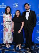 6 May 2025; Emer McGuirk, left, Fiona Askin and Malcolm Mitchell on arrival at the Leinster Rugby awards ball 2025 at O'Reilly Hall in UCD, Dublin. Photo by Brendan Moran/Sportsfile