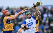 27 April 2025; Michael Kiely of Waterford in action against Peter Duggan, left, and David McInerney of Clare during the Munster GAA Hurling Senior Championship Round 2 match between Waterford and Clare at Walsh Park in Waterford. Photo by Piaras Ó Mídheach/Sportsfile