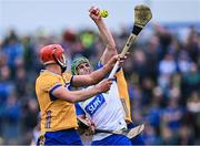 27 April 2025; Michael Kiely of Waterford in action against Peter Duggan, left, and David McInerney of Clare during the Munster GAA Hurling Senior Championship Round 2 match between Waterford and Clare at Walsh Park in Waterford. Photo by Piaras Ó Mídheach/Sportsfile