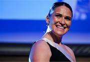 6 May 2025; Tania Rosser is interviewed during the Leinster Rugby awards ball 2025 at O'Reilly Hall in UCD, Dublin. Photo by Brendan Moran/Sportsfile