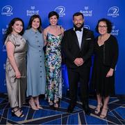 6 May 2025; Leinster staff, from left, Niamh Kelly, Helen Geoghegan, Sinead Doherty and Claire Kilcline with Rabah Slimani on arrival at the Leinster Rugby awards ball 2025 at O'Reilly Hall in UCD, Dublin. Photo by Brendan Moran/Sportsfile