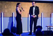 6 May 2025; Tania Rosser is interviewed by MC Joe Molloy during the Leinster Rugby awards ball 2025 at O'Reilly Hall in UCD, Dublin. Photo by Brendan Moran/Sportsfile