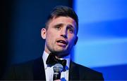 6 May 2025; Ross Byrne is interviewed by MC Joe Molloy during the Leinster Rugby awards ball 2025 at O'Reilly Hall in UCD, Dublin. Photo by Brendan Moran/Sportsfile