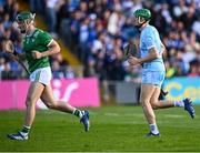 3 May 2025; Limerick goalkeeper Nickie Quaid and team-mate Seán Finn, left, make their way to their positions before the second half of the Munster GAA Hurling Senior Championship Round 3 match between Waterford and Limerick at Walsh Park in Waterford. Photo by Piaras Ó Mídheach/Sportsfile