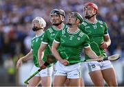 3 May 2025; Limerick players, from left, Gearóid Hegarty, Seán Finn, 2, and Colin Coughlan before the Munster GAA Hurling Senior Championship Round 3 match between Waterford and Limerick at Walsh Park in Waterford. Photo by Piaras Ó Mídheach/Sportsfile