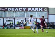 5 May 2025; Robert Slevin of Galway United in action against Niall Morahan of Bohemians during the SSE Airtricity Men's Premier Division match between Galway United and Bohemians at Eamonn Deacy Park in Galway. Photo by Brendan Moran/Sportsfile