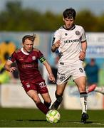 5 May 2025; Colm Whelan of Bohemians in action against Conor McCormack and Robert Slevin of Galway United during the SSE Airtricity Men's Premier Division match between Galway United and Bohemians at Eamonn Deacy Park in Galway. Photo by Brendan Moran/Sportsfile