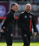 5 May 2025; Bohemians coach Derek Pender, left, and assistant manager Stephen O'Donnell before the SSE Airtricity Men's Premier Division match between Galway United and Bohemians at Eamonn Deacy Park in Galway. Photo by Brendan Moran/Sportsfile