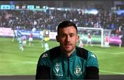 8 May 2025; Aaron Greene during a review of his favourite goals scored for Shamrock Rovers with the clubs media channel after a Shamrock Rovers media conference at Roadstone Group Sports Club in Dublin. Photo by Stephen McCarthy/Sportsfile