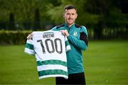 8 May 2025; Aaron Greene after being presented with a commemorative jersey to mark his recent achievement of scoring 100 League of Ireland goals during a Shamrock Rovers media conference at Roadstone Group Sports Club in Dublin. Photo by Stephen McCarthy/Sportsfile