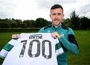 8 May 2025; Aaron Greene after being presented with a commemorative jersey to mark his recent achievement of scoring 100 League of Ireland goals during a Shamrock Rovers media conference at Roadstone Group Sports Club in Dublin. Photo by Stephen McCarthy/Sportsfile