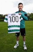 8 May 2025; Aaron Greene after being presented with a commemorative jersey to mark his recent achievement of scoring 100 League of Ireland goals during a Shamrock Rovers media conference at Roadstone Group Sports Club in Dublin. Photo by Stephen McCarthy/Sportsfile