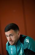8 May 2025; Aaron Greene speaks to media during a Shamrock Rovers media conference at Roadstone Group Sports Club in Dublin. Photo by Stephen McCarthy/Sportsfile
