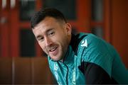 8 May 2025; Aaron Greene speaks to media during a Shamrock Rovers media conference at Roadstone Group Sports Club in Dublin. Photo by Stephen McCarthy/Sportsfile