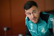 8 May 2025; Aaron Greene speaks to media during a Shamrock Rovers media conference at Roadstone Group Sports Club in Dublin. Photo by Stephen McCarthy/Sportsfile