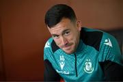 8 May 2025; Aaron Greene speaks to media during a Shamrock Rovers media conference at Roadstone Group Sports Club in Dublin. Photo by Stephen McCarthy/Sportsfile