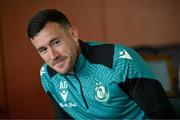 8 May 2025; Aaron Greene speaks to media during a Shamrock Rovers media conference at Roadstone Group Sports Club in Dublin. Photo by Stephen McCarthy/Sportsfile