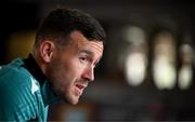 8 May 2025; Aaron Greene speaks to media during a Shamrock Rovers media conference at Roadstone Group Sports Club in Dublin. Photo by Stephen McCarthy/Sportsfile