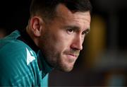 8 May 2025; Aaron Greene speaks to media during a Shamrock Rovers media conference at Roadstone Group Sports Club in Dublin. Photo by Stephen McCarthy/Sportsfile