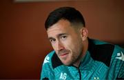 8 May 2025; Aaron Greene speaks to media during a Shamrock Rovers media conference at Roadstone Group Sports Club in Dublin. Photo by Stephen McCarthy/Sportsfile