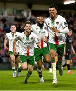 2 May 2025; Freddie Anderson of Cork City, right, celebrates with teammates after scoring their side's first goal during the SSE Airtricity Men's Premier Division match between Cork City and Shamrock Rovers at Turner's Cross in Cork. Photo by Brendan Moran/Sportsfile
