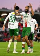 2 May 2025; Djenauro Daniels of Cork City encourages supporters after their side's first goal during the SSE Airtricity Men's Premier Division match between Cork City and Shamrock Rovers at Turner's Cross in Cork. Photo by Brendan Moran/Sportsfile