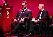 8 May 2025; British & Irish Lions Head Coach Andy Farrell, left, and Board Chairman Ieuan Evans during the British & Irish Lions Squad and Captain announcement for the 2025 Tour of Australia at Indigo at The O2 in London, England. Photo by Ben McShane/Sportsfile