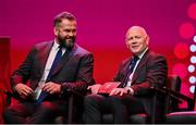 8 May 2025; British & Irish Lions Head Coach Andy Farrell, left, and Board Chairman Ieuan Evans during the British & Irish Lions Squad and Captain announcement for the 2025 Tour of Australia at Indigo at The O2 in London, England. Photo by Ben McShane/Sportsfile