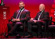 8 May 2025; British & Irish Lions Head Coach Andy Farrell, left, and Board Chairman Ieuan Evans during the British & Irish Lions Squad and Captain announcement for the 2025 Tour of Australia at Indigo at The O2 in London, England. Photo by Ben McShane/Sportsfile
