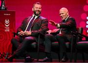 8 May 2025; British & Irish Lions Head Coach Andy Farrell, left, and Board Chairman Ieuan Evans during the British & Irish Lions Squad and Captain announcement for the 2025 Tour of Australia at Indigo at The O2 in London, England. Photo by Ben McShane/Sportsfile