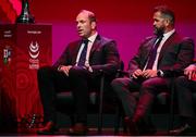 8 May 2025; Former British & Irish Lions Captain and Wales international Alun Wyn Jones, left, and British & Irish Lions Head Coach Andy Farrell during the British & Irish Lions Squad and Captain announcement for the 2025 Tour of Australia at Indigo at The O2 in London, England. Photo by Ben McShane/Sportsfile