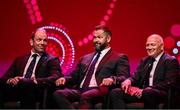 8 May 2025; British & Irish Lions Head Coach Andy Farrell, centre, reacts, alongside Former British & Irish Lions captain Alun Wyn Jones, left, and British & Irish Lions Board Chairman Ieuan Evans, right, during the British & Irish Lions Squad and Captain announcement for the 2025 Tour of Australia at Indigo at The O2 in London, England. Photo by Ben McShane/Sportsfile