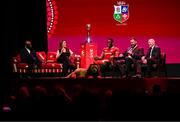 8 May 2025; In attendance during the British & Irish Lions Squad and Captain announcement for the 2025 Tour of Australia are, from left, MC and former England international Ugo Monye, MC Lee McKenzie, Captain Maro Itoje, Head Coach Andy Farrell and Board Chairman Ieuan Evans at Indigo at The O2 in London, England. Photo by Ben McShane/Sportsfile