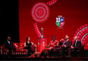 8 May 2025; In attendance during the British & Irish Lions Squad and Captain announcement for the 2025 Tour of Australia are, from left, MC and former England international Ugo Monye, MC Lee McKenzie, Captain Maro Itoje, Head Coach Andy Farrell and Board Chairman Ieuan Evans at Indigo at The O2 in London, England. Photo by Ben McShane/Sportsfile
