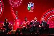 8 May 2025; In attendance during the British & Irish Lions Squad and Captain announcement for the 2025 Tour of Australia are, from left, MC Lee McKenzie, Captain Maro Itoje, Head Coach Andy Farrell and Board Chairman Ieuan Evans at Indigo at The O2 in London, England. Photo by Ben McShane/Sportsfile