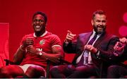8 May 2025; British & Irish Lions Head Coach Andy Farrell, right, and Captain Maro Itoje during the British & Irish Lions Squad and Captain announcement for the 2025 Tour of Australia at Indigo at The O2 in London, England. Photo by Ben McShane/Sportsfile